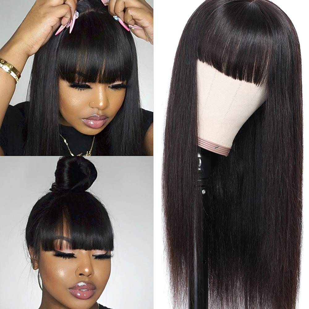 Amella Hair Straight Human Hair Wigs with Bangs 150% Density None Lace Front Wigs Glueless Brazilian Virgin Hair Machine Made Wi