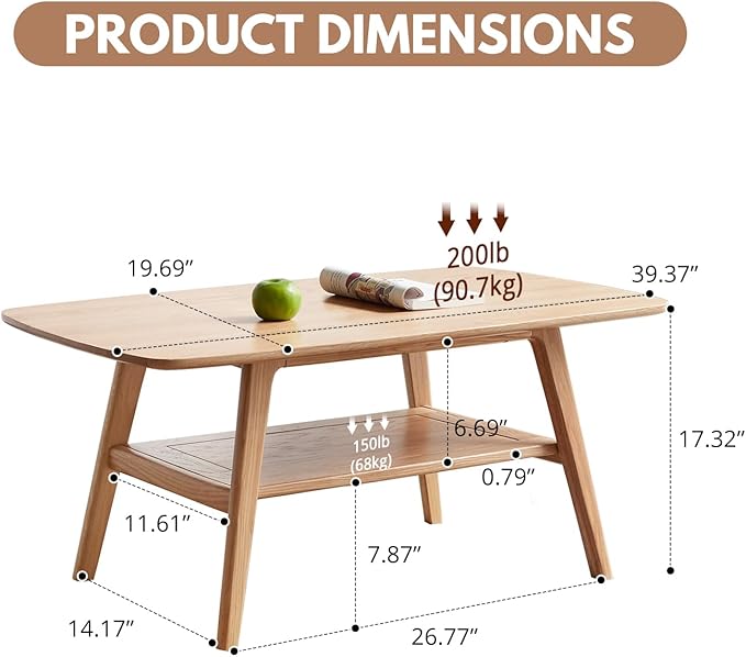 Hymus Coffee Table - 100% Solid Oak Wood- 2-Tier Coffee Table with Storage for Living Room, Eco-Friendly Finish, Easy Assembly (Natural, 39.37" D x 19.69" W x 17.32" H)