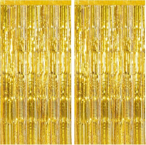 2 Pack Gold Backdrop Birthday Decorations Foil Curtain Backdrop Gold Streamers Dance Party Decorations Photo Booth Props f...