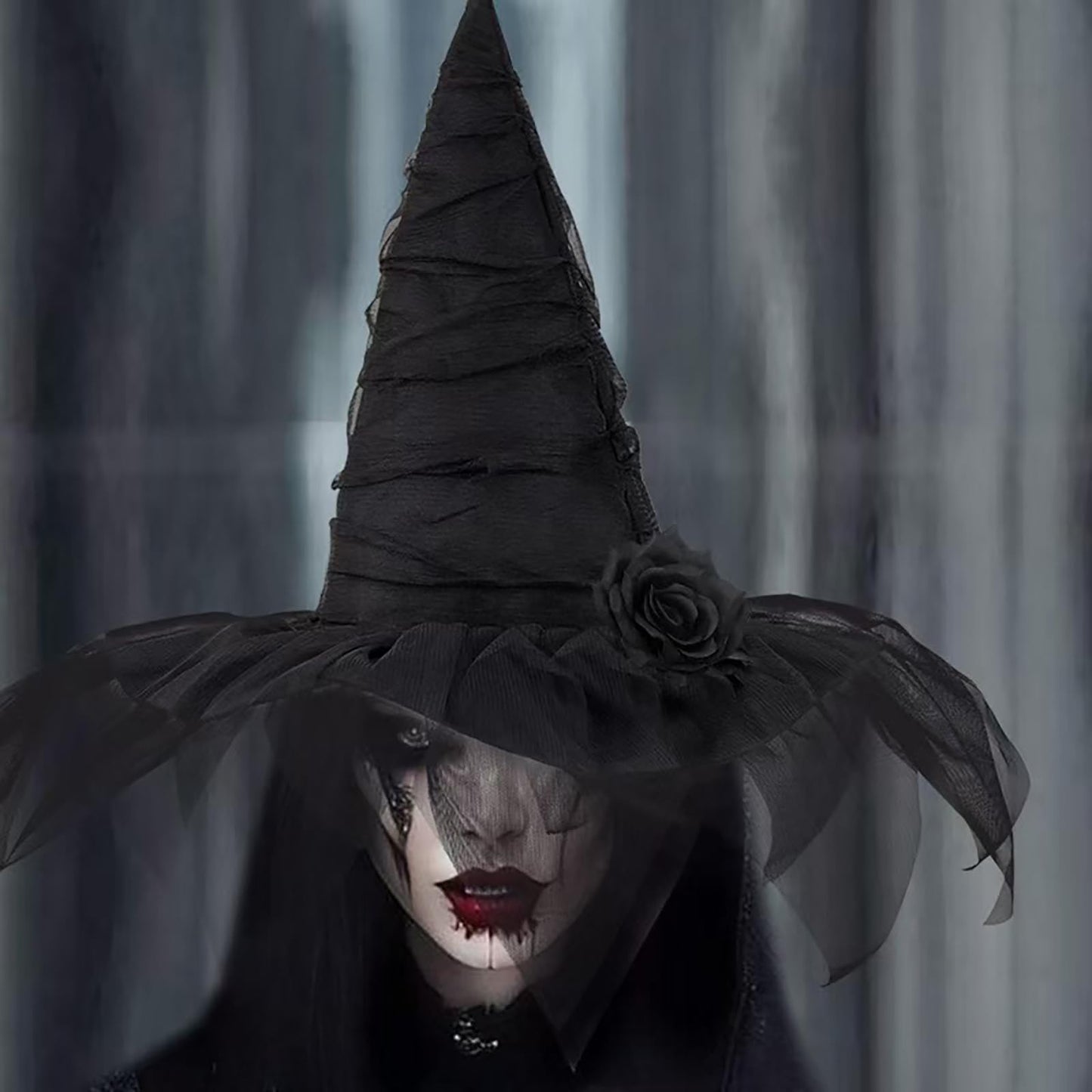 Moyubath Halloween Witch Hat, Ruched Witches Hats for Women with Veil and Rose Wizard Hats Halloween Costume Accessories