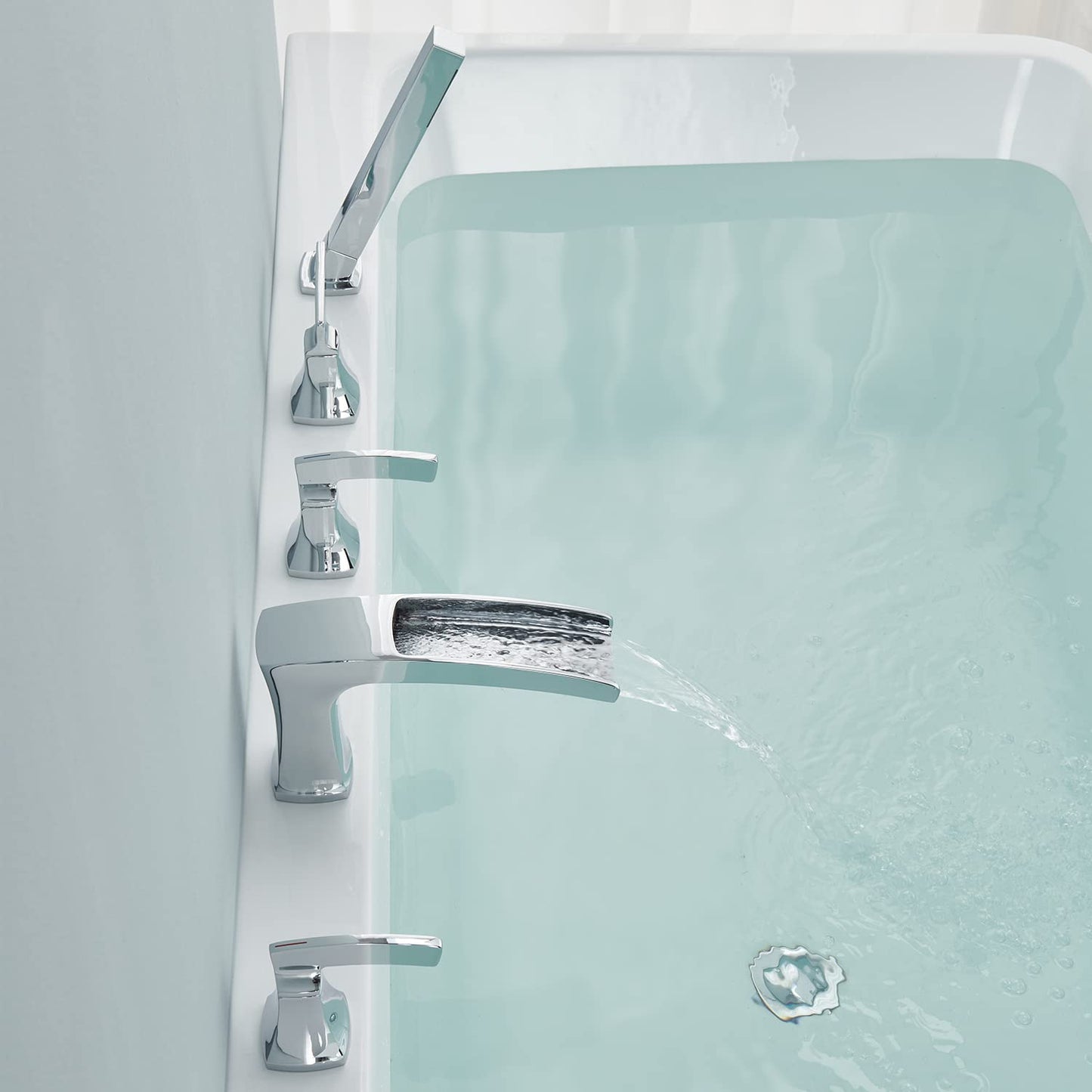 Artiqua Roman Tub Filler Waterfall Tub Faucet Chrome Deck Mount Bathtub Faucets 5 Hole Brass Bathroom Faucets with Hand Shower
