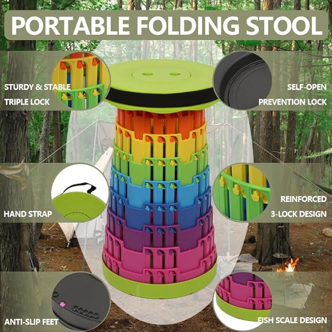 JAEMEYEM 2025 Collapsible Stool Chair, Upgraded Folding Stool for Adults Lightweight, Sturdy, Adjustable, Portable, Foldable Seat Sturdy Stools for Outdoor Camping Fishing Hiking Gardening BBQ