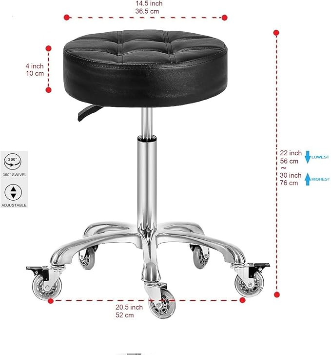 Adjustable Heavy Duty Stool - Rolling Stools with Locking Caster Wheels - Swivel Stools Backless Chair for Home Kitchen Office Shop Tattoo Lash Tech Pedicure(Black, Height 22 to 30 in)