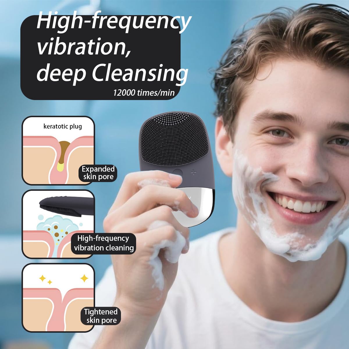 Facial Cleansing Brush, 3-in-1 Electric Silicone Face Scrubber, Vibrating Massager, IPX7 Waterproof, USB Rechargeble Pore Brush