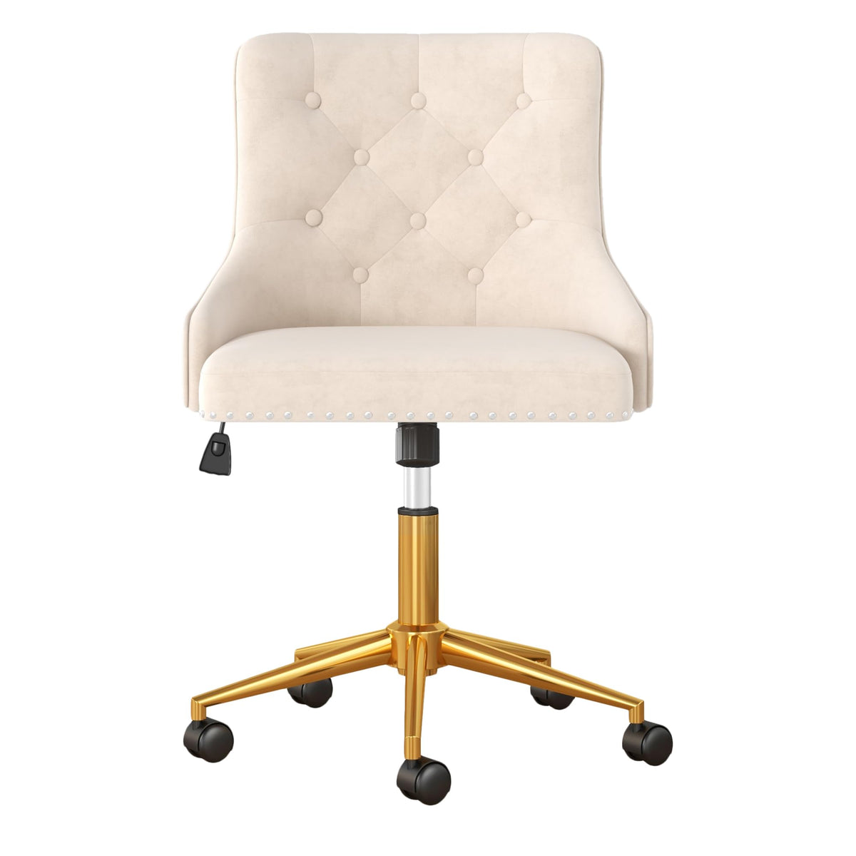 Fashionom Modern Swivel Chair, Upholstered Velvet Comfy Desk Chair with Nailhead Trim, Adjustabale Armless Vanity Chair with Gold Base Button Tufted Winging Back, for Home Office Make-up, Beige