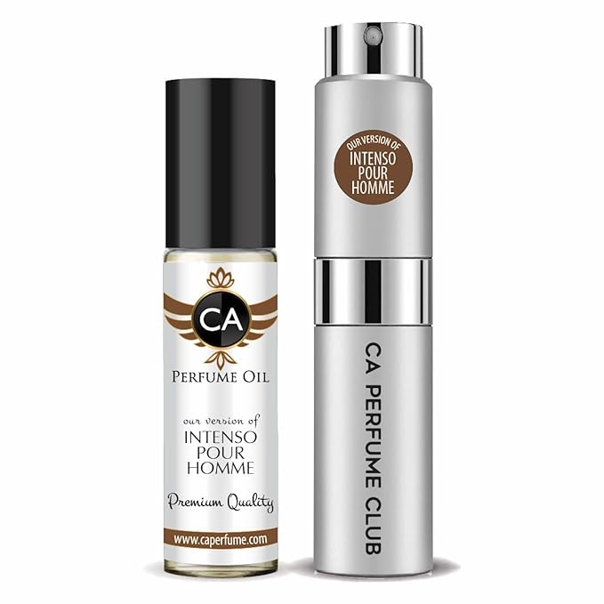 CA Perfume Duo Impression of Intenso Pour Homme For Men Perfume Layering Set Mens Cologne Long Lasting Travel Size EDP + Body Oil Roll-On Bottle 0.27 Fl Oz+0.33 Fl Oz