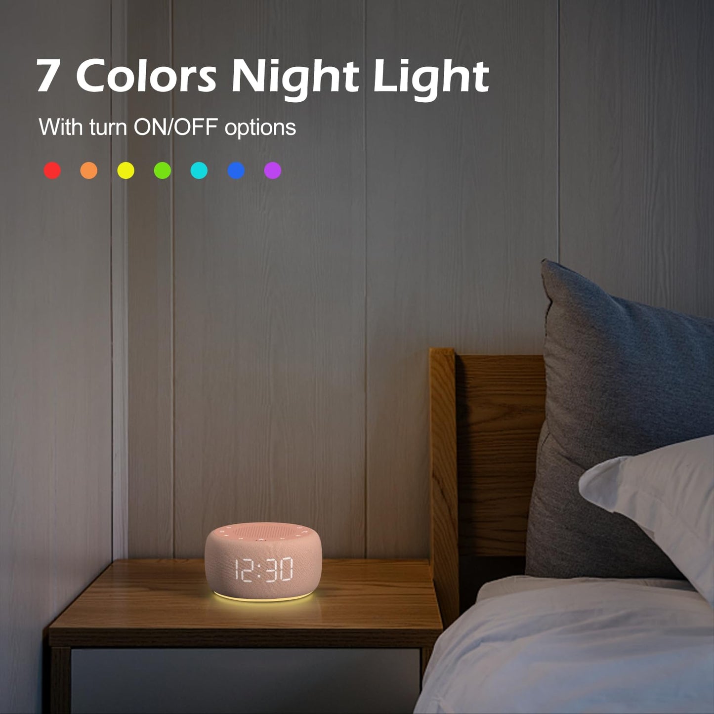 Buffbee Sound Machine & Alarm Clock 2-in-1, 0-100% Clock Face Brightness, Bottom Colored Light, Sleep Timer, Precise 30-Level Volume White Noise Machine, Digital Alarm Clocks for Bedrooms - Peach