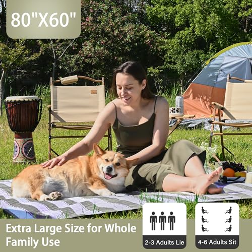 HX&OD Outdoor Picnic Blanket Extra Large, 80''*60'' Waterproof Picnic Mat with Stakes Foldable Camping Blanket Portable wi...
