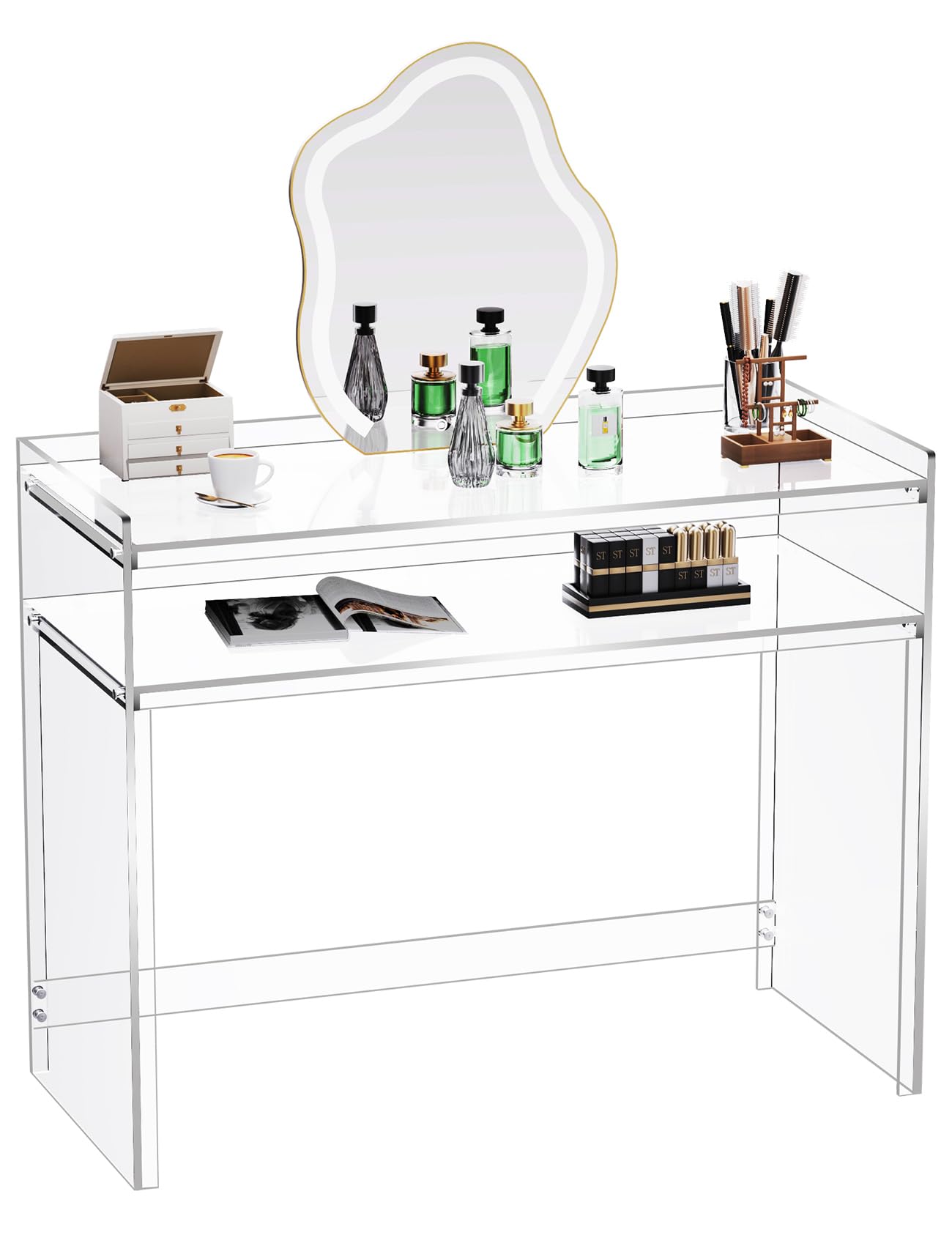 Acrylic Vanity Clear Desk Make Up Table with Storage Shelves 17.7" D x 39.4" W x 31.5" H （Without Mirror ）