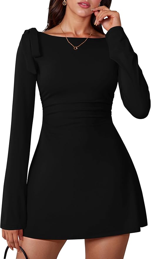 Aprilake Women's Long Sleeve Boat Neck Bodycon Ruched Elegant Bow Tie Party Mini Dress