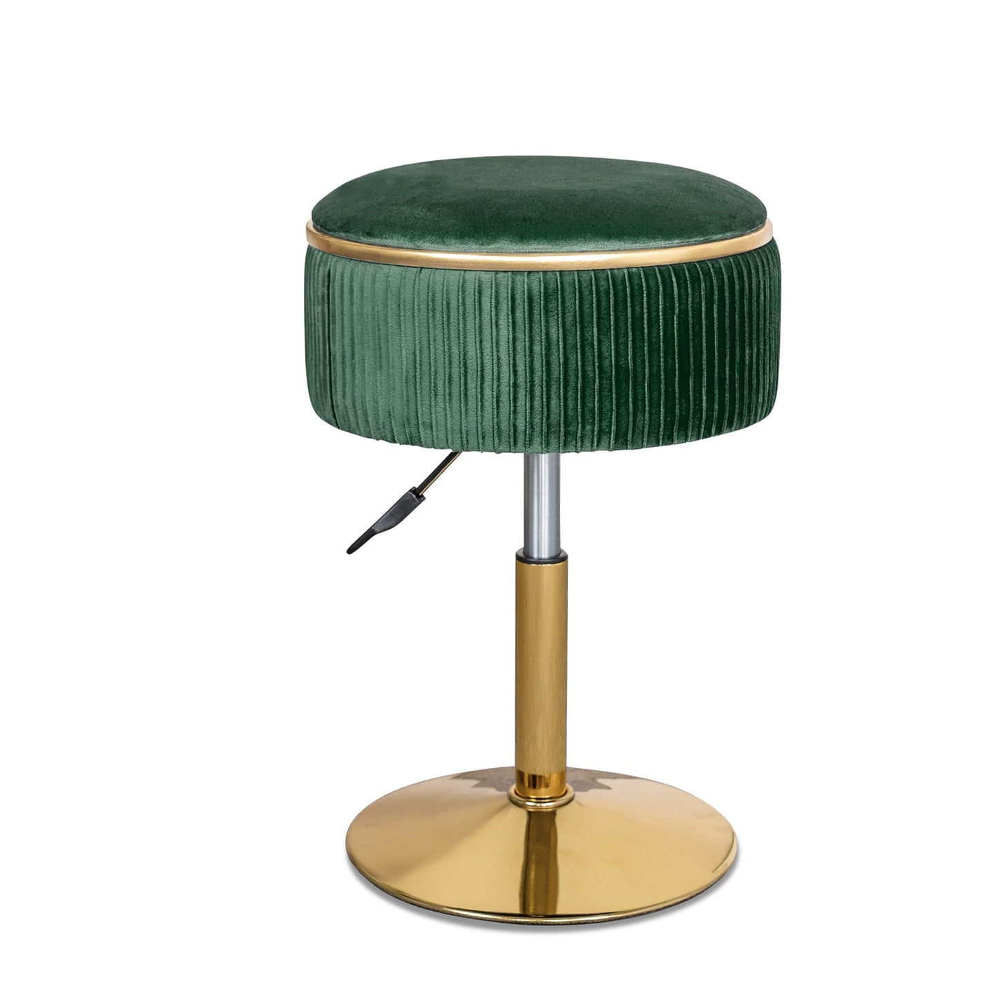 LITZFUR Velvet Vanity Stool for Makeup Room, Round Storage Ottoman Height Adjustable Gold Vanity Chair, 360° Swivel Footrest for Living Room Bedroom, Dark Green