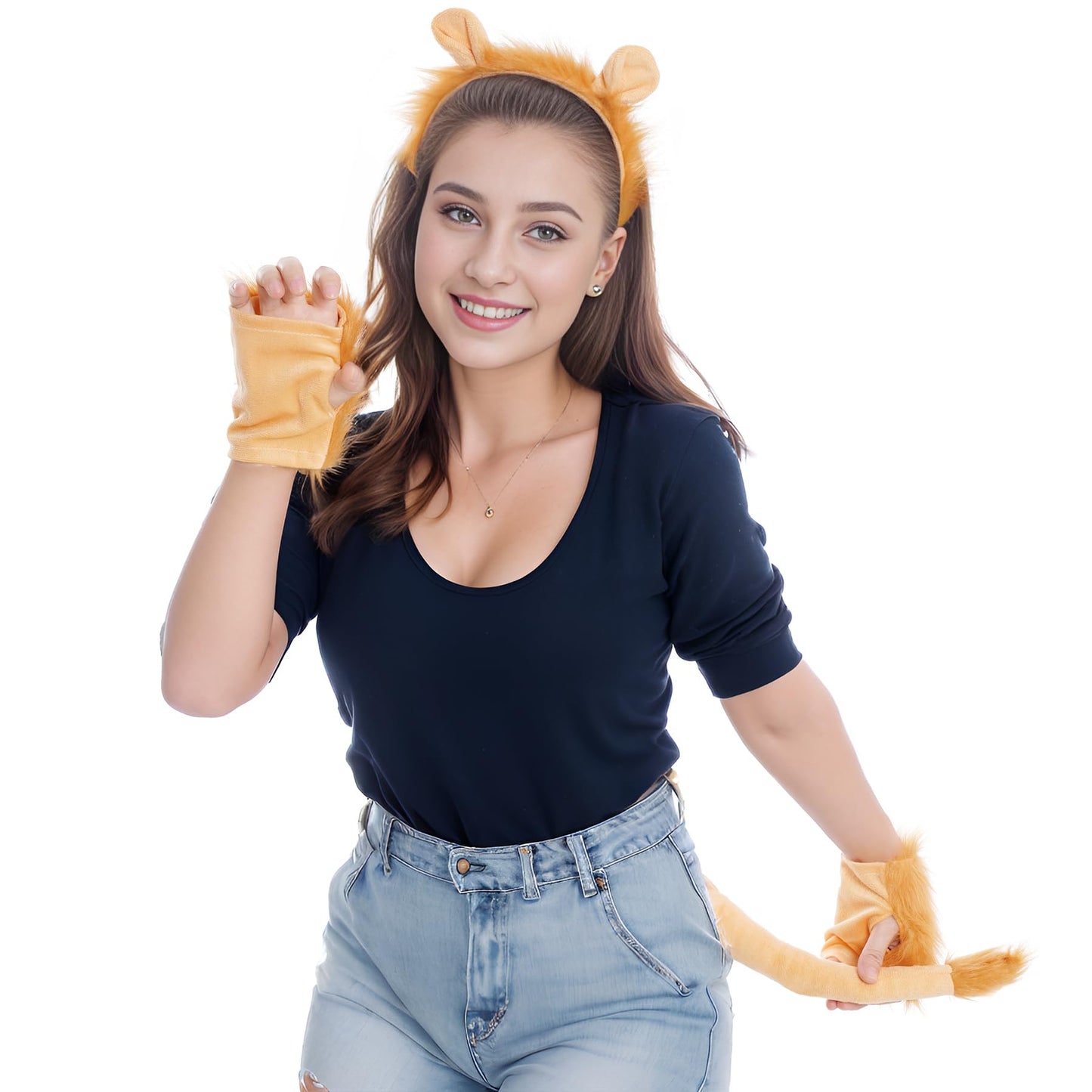 Dxhycc Lion Costume Set Lion Ears Headband, Paw Gloves and Tails for Halloween Dress-Up Accessory Kit