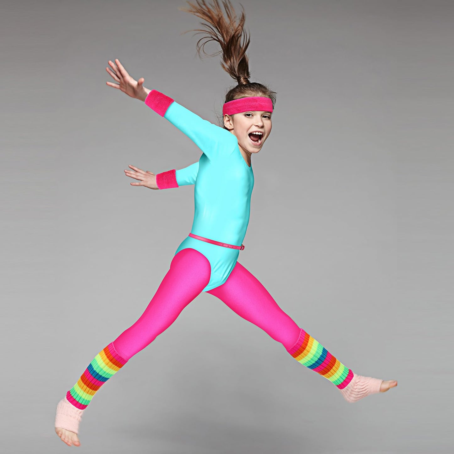 Hicarer 5 Pcs Kids 80s Workout Costume Outfit Accessories Set, Neon Leotard Legging Headband Wristband Leg Warmers Belt(2-3 Years)