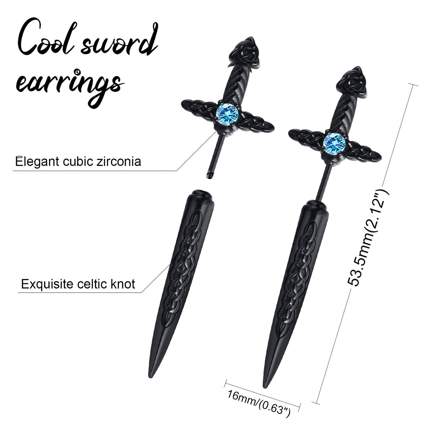 Hisatan Sword Earrings for Men Women, Stainless Steel Gothic Dagger Celtic Knot Irish Studs Earrings, Cool Punk Hip Pop Cubic Zirconia Dangle Goth Screw Spike Earring Jewelry