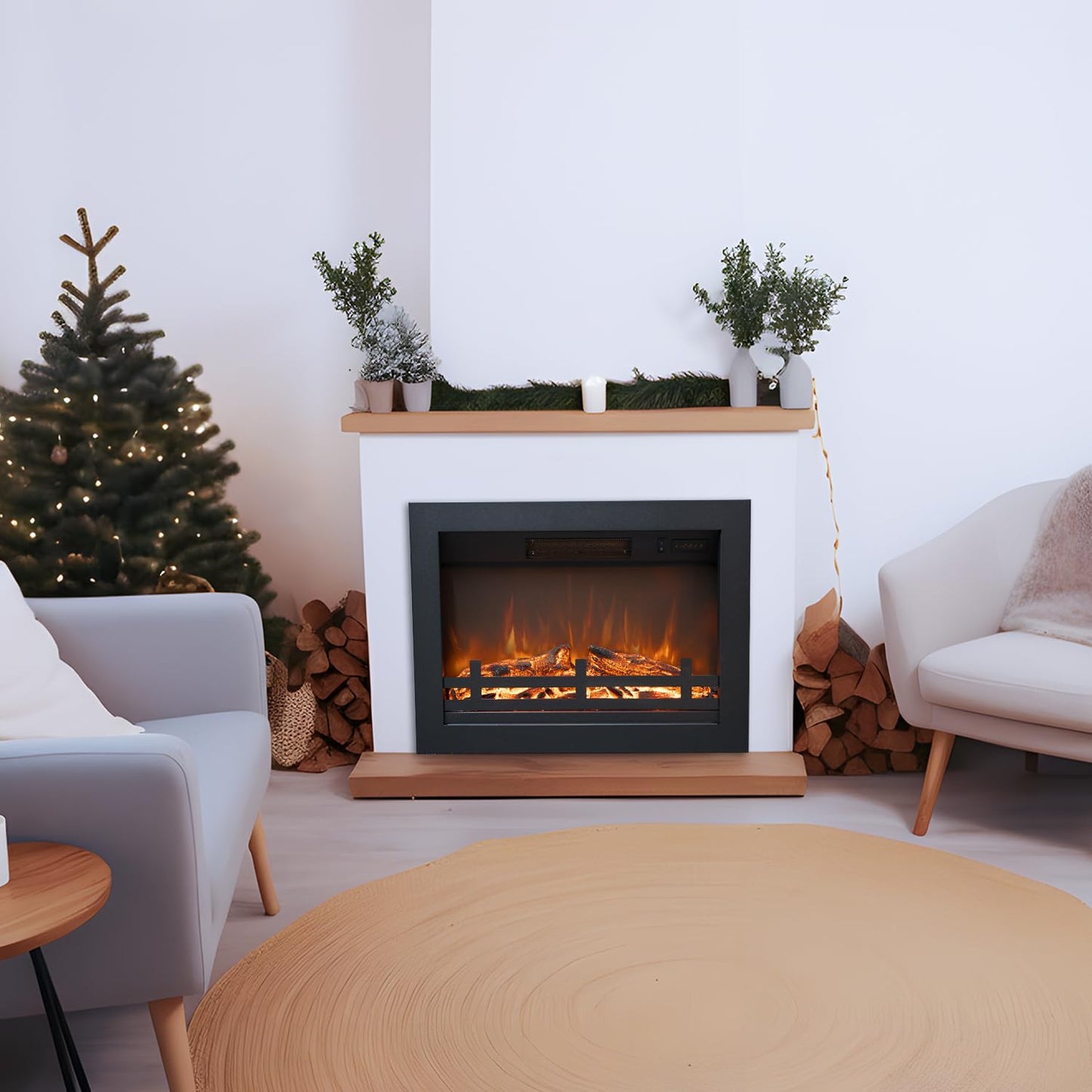 Rodalflame 23.7" W Electric Fireplace Insert with 4 Adjustable Brightness Flames & Overheat Protection, 750/1500W, Black