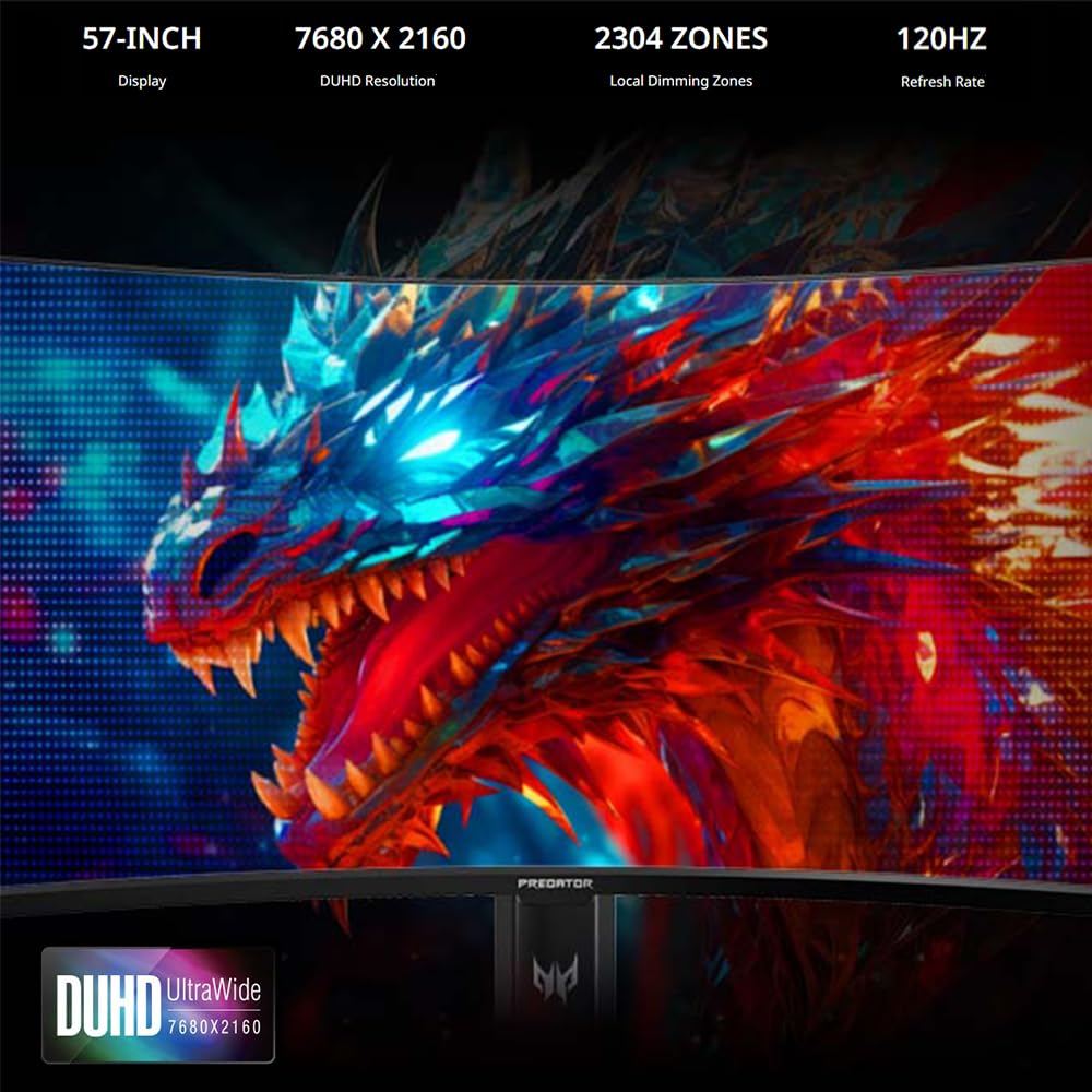 acer Predator Z57 | 57" DUHD 7680 x 2160 Mini LED 1000R Curved Gaming Monitor | AMD FreeSync Premium | 120Hz | 1ms | VESA DisplayHDR 1000| DCI-P3 98% | KVM Switch | USB Type-C, DP 1.4 & 2 x HDMI 2.1