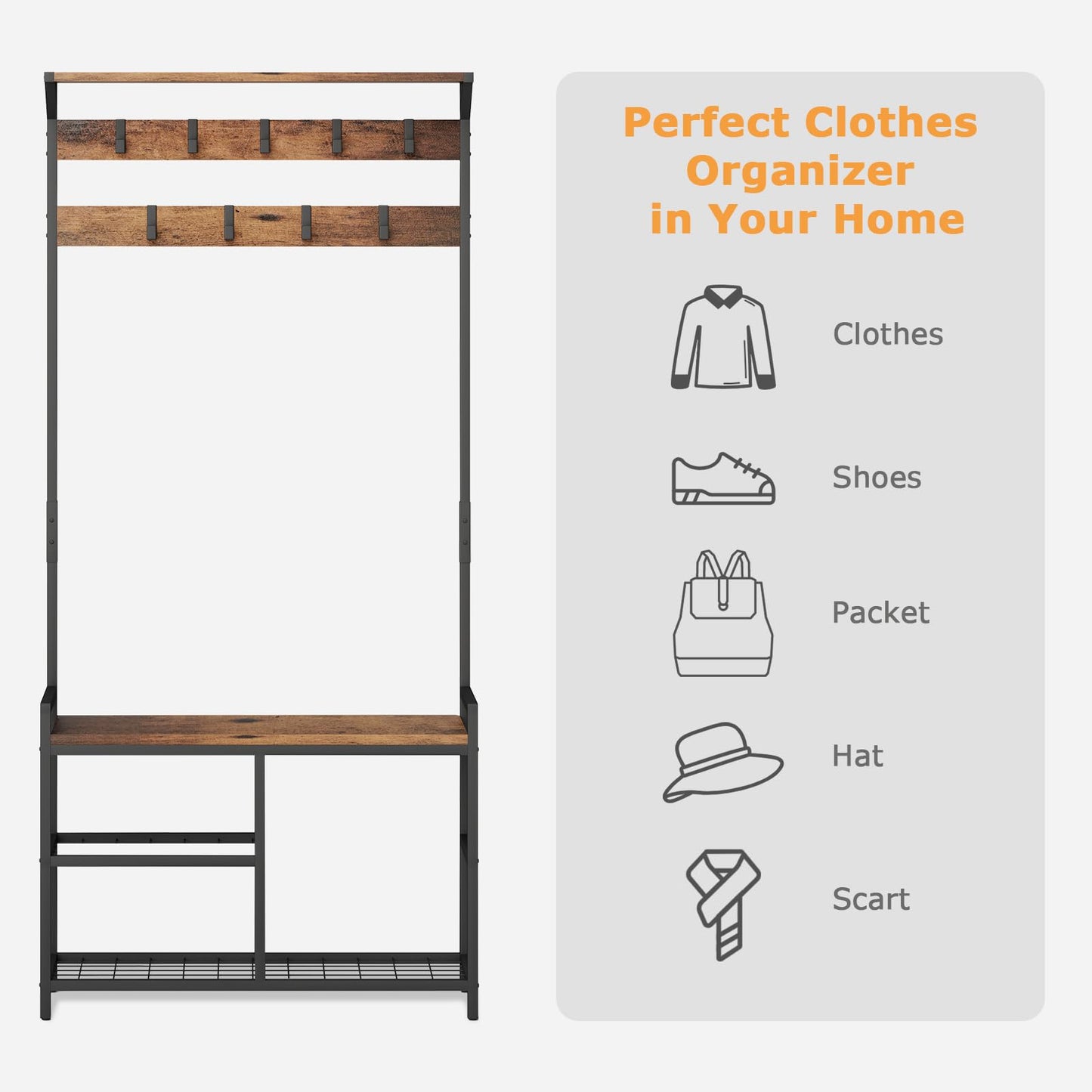HOMEKOKO Coat Rack Shoe Bench, Hall Tree Entryway Storage Bench, Wood Look Accent Furniture with Metal Frame, 3-in-1 Design (Rustic Brown)