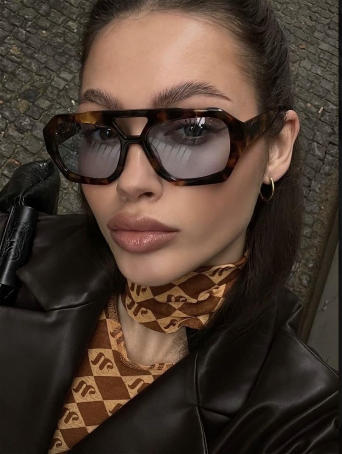 ADE WU Trendy Designer Hexagon Aviator Sunglasses for Women Thick Frame Double Bridge Geometric Sun Glasses Black & Leopard Print
