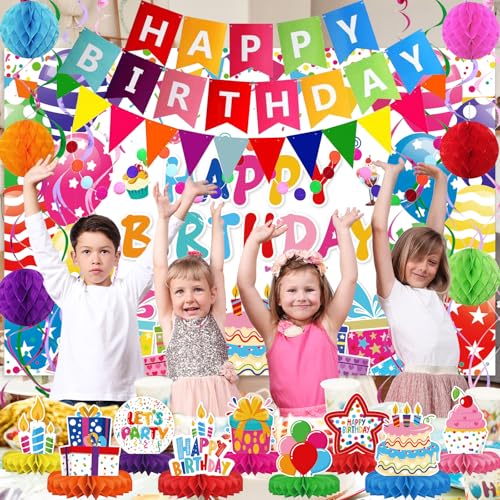Birthday Decorations Kit, Happy Birthday Party Banner, Honeycomb Balls, Metallic Hanging Swirls, Circle Garland, Colorful ...