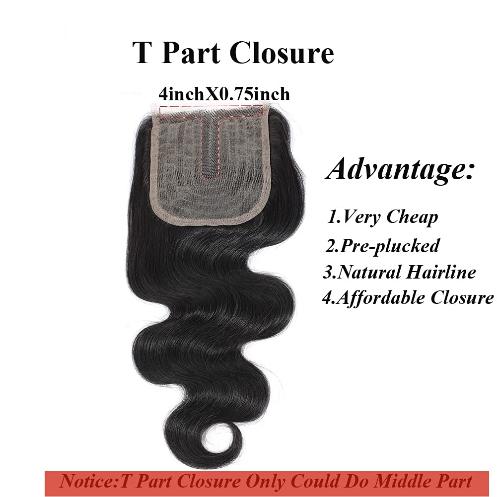 Amella Hair Brazilian Virgin Remy Body Wave Bundles with T Part Closure 4x0.75 Middle Part(18 20 22+16) 8A Body Wave Human Hair