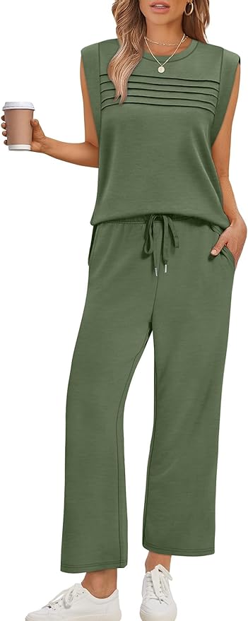 WIHOLL 2 Piece Sets for Women Summer Lounge Sets Travel Vacation Outfits Cap Sleeve Sweatsuit Side Slit Wide Leg Pants S-3XL