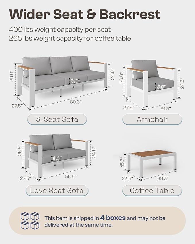 Oasbira Aluminum Outdoor Patio Furniture Set with Coffee Table, 5 Piece Patio Conversation Sets with Washable Thick Cushions, Patio Sectional Furniture Set for Porch, Balcony, Deck, White