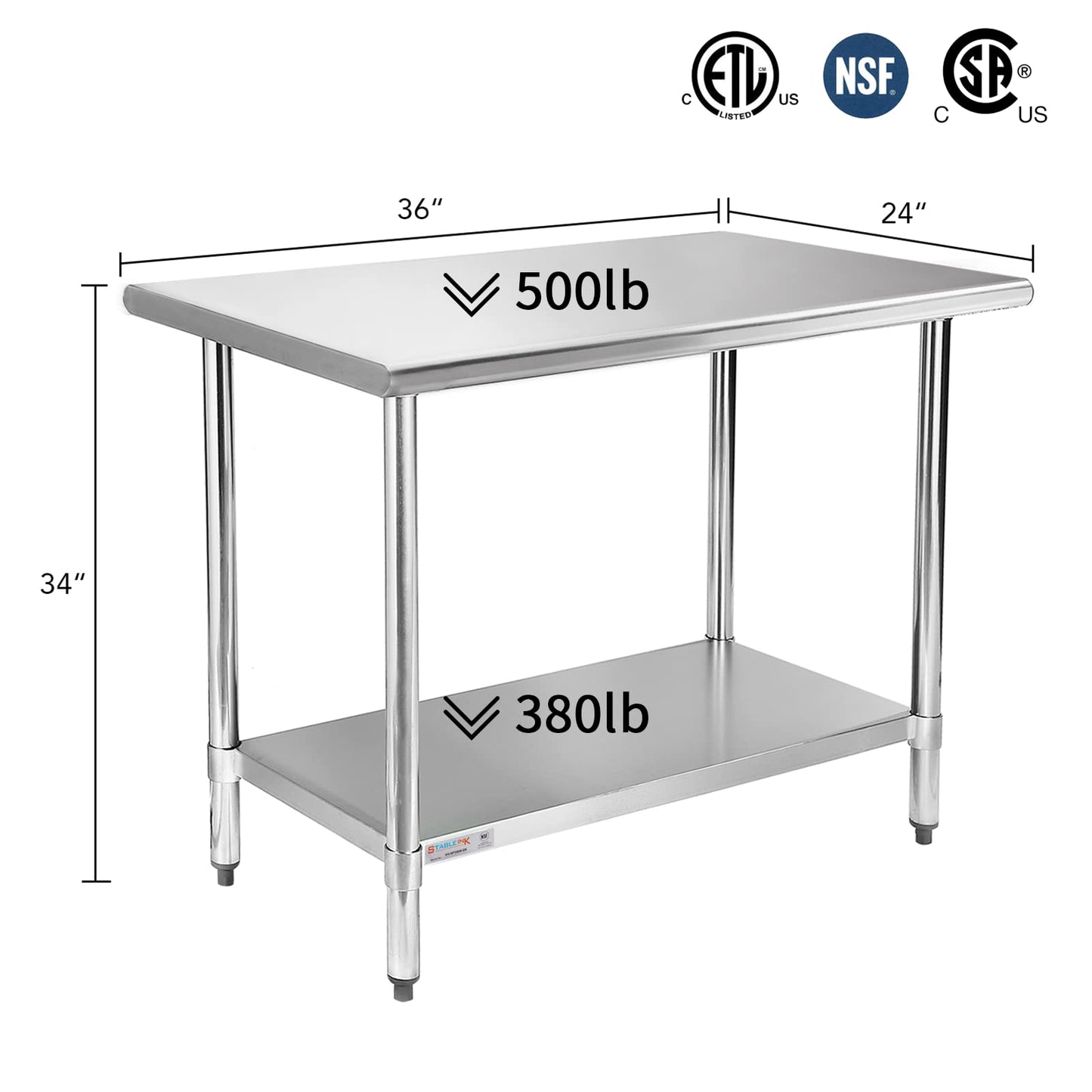 STABLEINK NSF Stainless Steel Table, 24 x 36 Inches Metal Prep & Work Table with Adjustable Undershelf, for Commercial Kitchen, Restaurant, Hotel and Garage，Stainless Steel prep Table Work Table