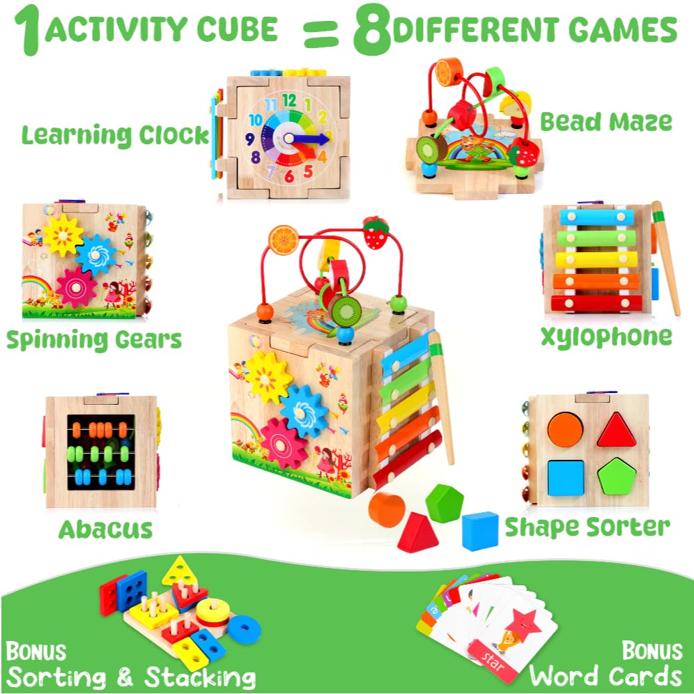 8-in-1 Wooden Baby Activity Cube - Xylophone, Shape Sorter, Abacus| 1st Birthday Gift Toys for One 1 2 3 Year Old Boy Girl | Montessori Educational Learning Toddler Toy| Bonus Sorting & Stacking Board