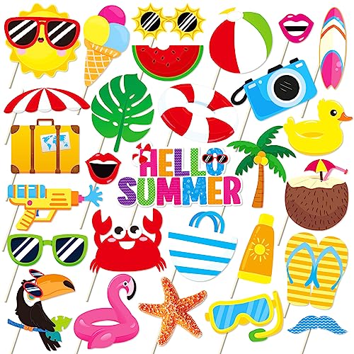 Summer Pool Beach Photo Booth Props 30 Pack Pool, Hawaiian, Beach, Luau Photo Booth Props, Tropical Themed Party with Stic...
