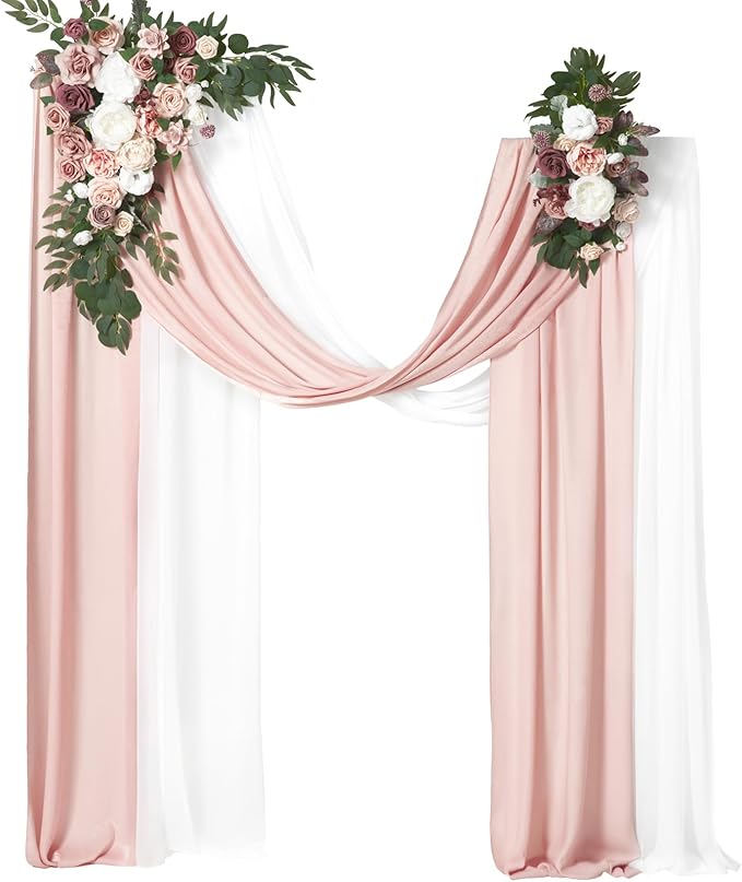 Ling's moment Pink Mauve Artificial Wedding Arch Flowers Kit Pack of 4, 2pcs Hanging Flower Arrangement 2pcs Chiffon Drapes Spring Ceremony Reception Fake Rose Arbor Backdrop Floral Outdoor Decor