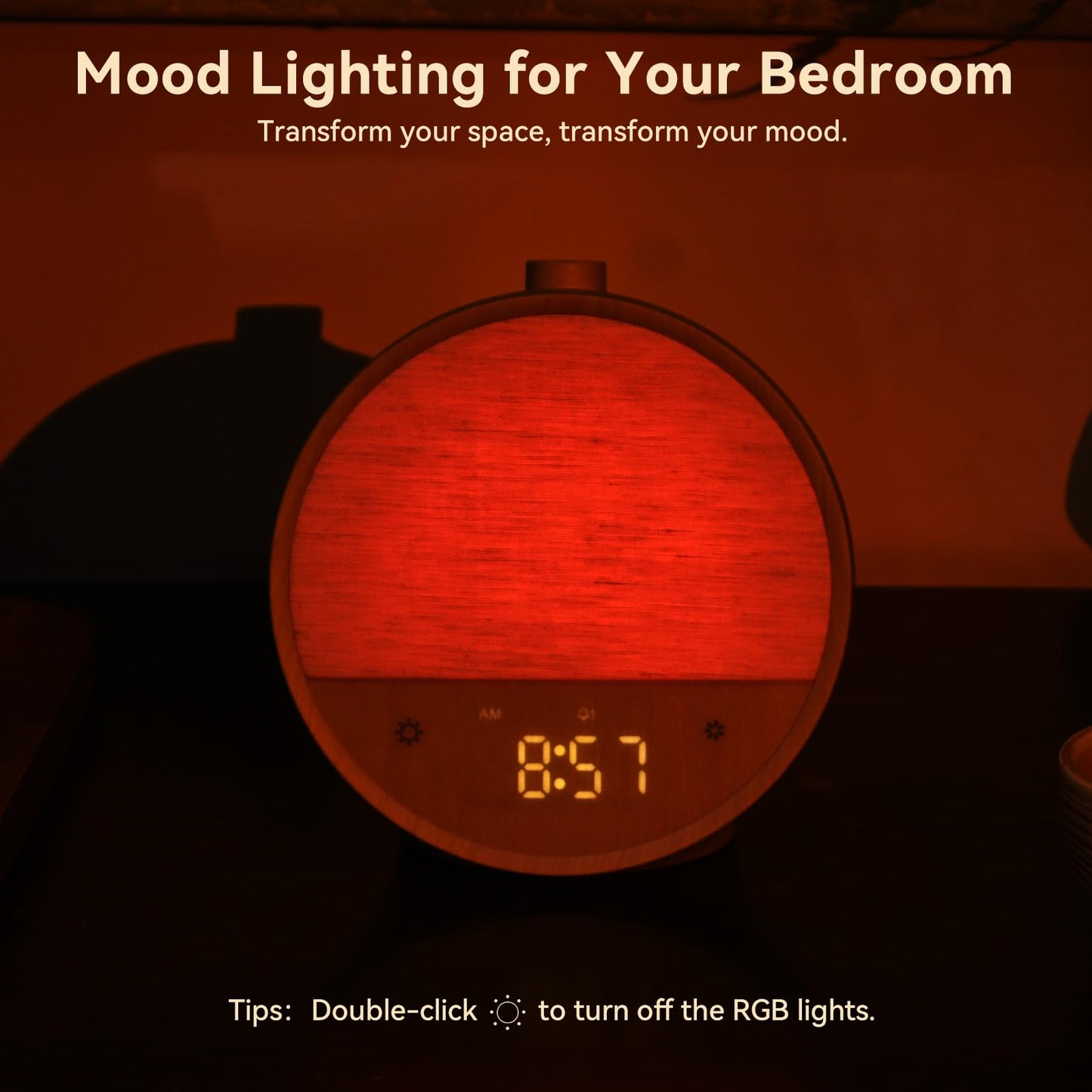 Vivilumens Wood Grain Sunrise Alarm Clock, Gentle Wake-Up Light Sound Machine, Dual Alarms for Heavy Sleepers, Natural Sounds, RGB Mood Light, Dimmable Bedside Night Lamp, Ideal for Bedroom & Gifts