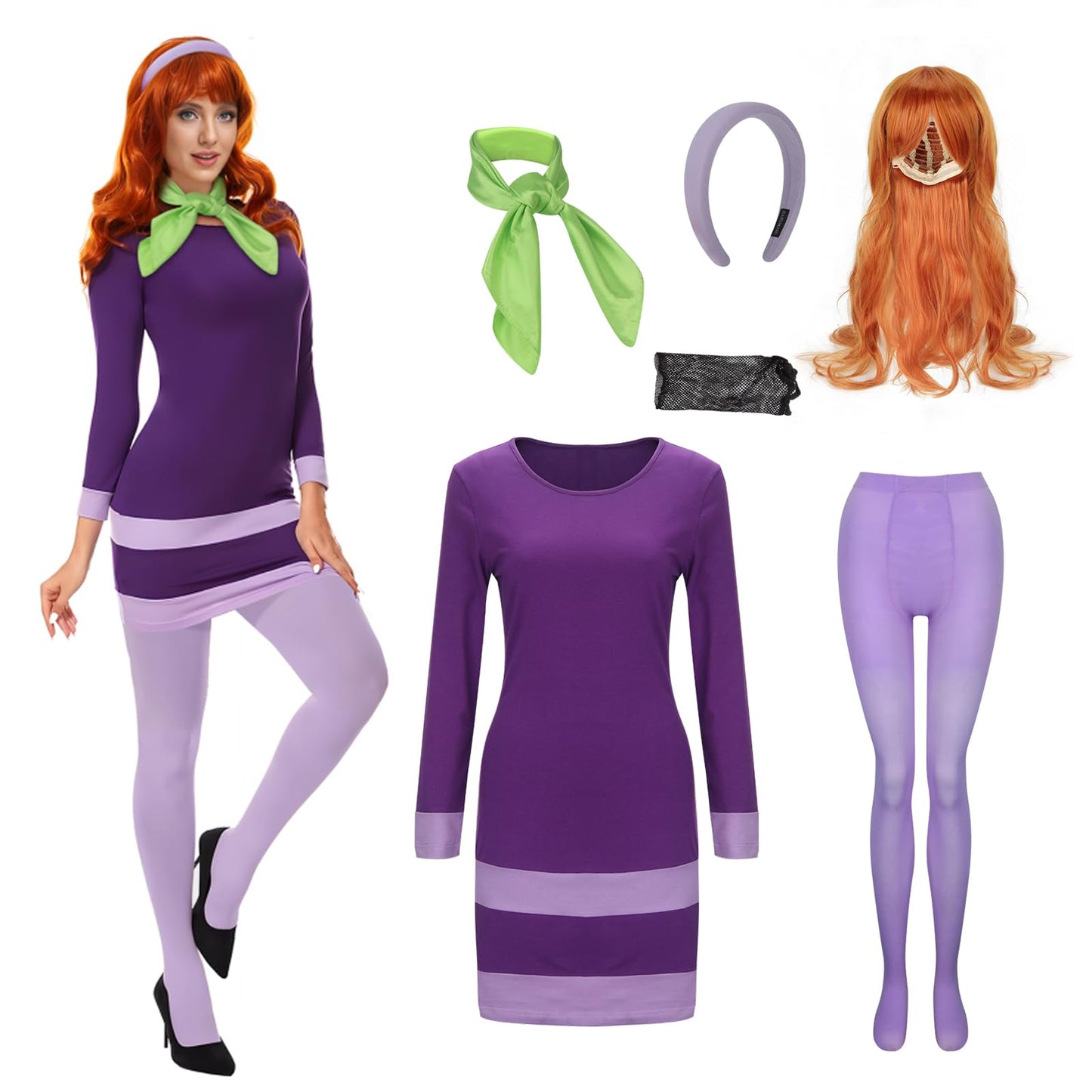 LINKOM Women's Long Sleeve Halloween Costume,Purple Bodycon Mini Dress with Wigs Headband Scarf Thigh High Socks (Medium)