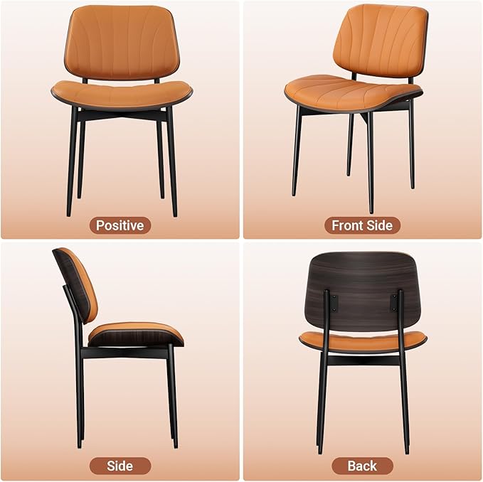YaFiti Dining Chairs Set of 4, Mid Century Modern Dining Room and Kitchen Chairs, Upholstered PU Leather Chairs with Walnut Bentwood and Metal Legs, Orange