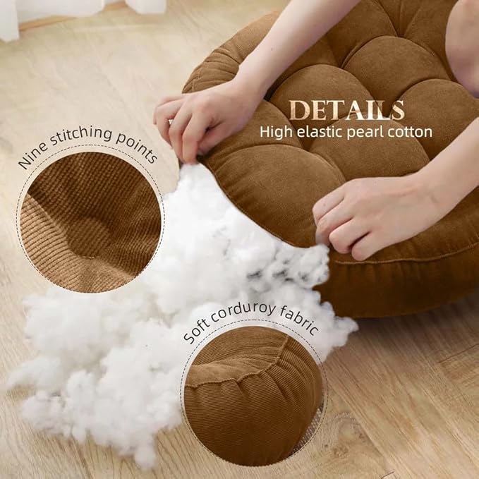 Gfobip Meditation Floor Pillow Set of 2 Large Round Floor Cushions for Adults Tufted Corduroy Floor Seat Pillows Cushion for Living Room,Brown 16.5" Lx16.5 Wx3 H