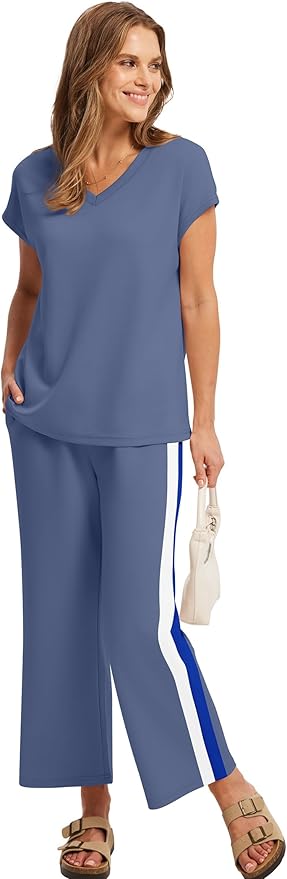 Saloogoe Two Piece Sets for Women Summer Outfits Lounge Sets V Neck Tops Wide Leg Pants Woman Vacation Travel Outfits