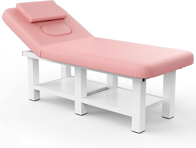 Metal Frame Wide Stationary Massage Table for Treatment Table Physical Therapy Table Spa Facial Bed, PU Leather 31.5'' Wide 75'' Long (Pink, Integral Structure)