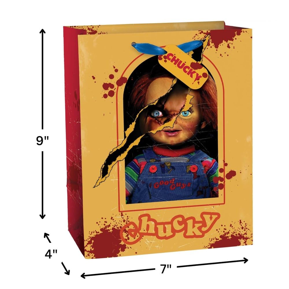 Amscan Creepy Red & Yellow Chucky Medium Gift Bag - 9" X 7" (1 Pc.) - Spooky Design, Perfect for Halloween Parties, Trick-or-treating, or Horror-themed Events