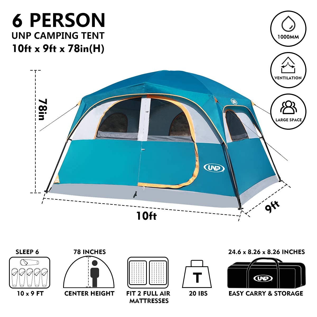 UNP Tents for Camping 6 Person Waterproof Windproof Easy Setup, Double Layer Cabin Tent with 1 Mesh Door & 5 Large Mesh Windows - 10'x9'x78in(H) Blue
