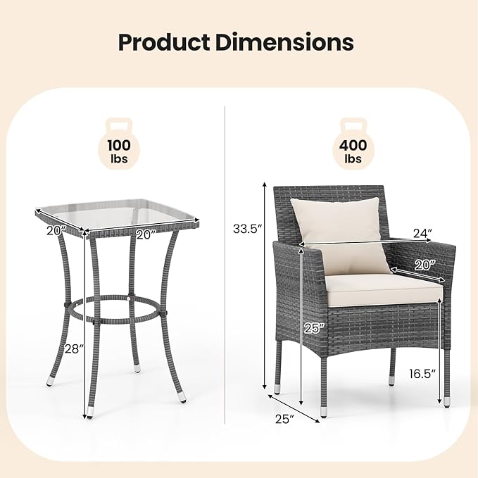 KOTEK 3 Pieces Patio Furniture Set, PE Rattan Outdoor Conversation Set with Tempered Glass Table & Soft Cushions, Wicker Bistro Set for Garden, Porch, Balcony (Off White)