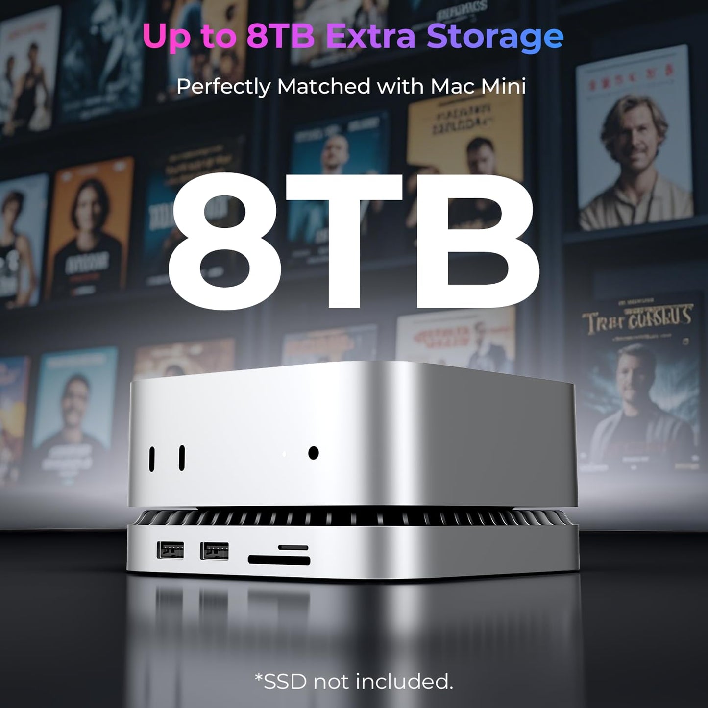 RayCue Mac mini M4 Dock & Stand with 8TB NVMe SSD, 10Gbps USB A/C, Silver