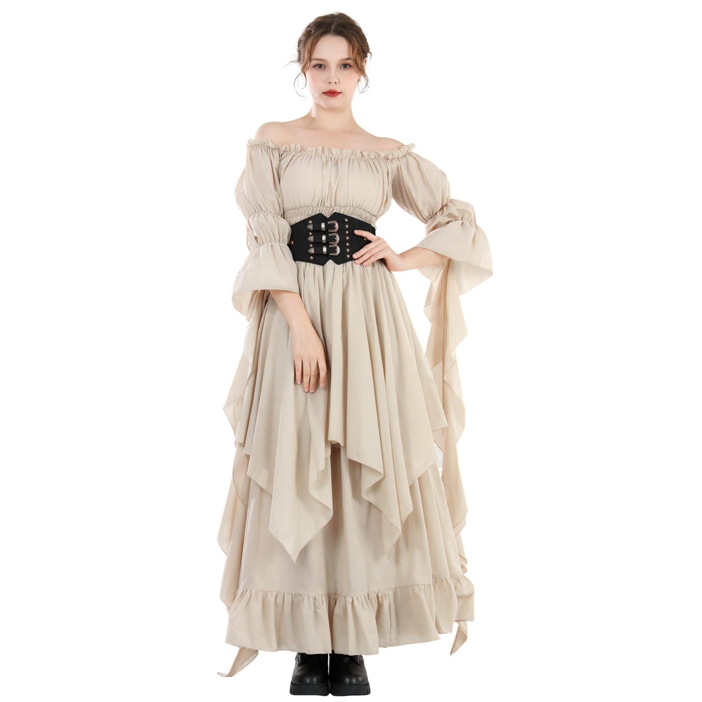 NSPSTT Victorian Dress Renaissance Costume Women Gothic Witch Dress Medieval Wedding Dress Beige S/M