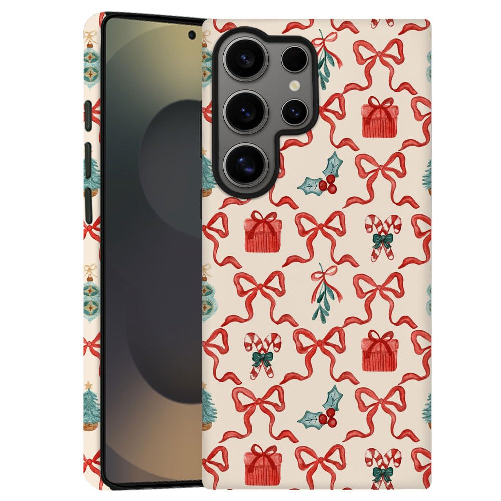 TnXee Case for Samsung Galaxy S23 Ultra,Red Green Christmas Tree Scroll Bow Phone Case Drop Resistant Frosted 2 in 1 Solid Dual-