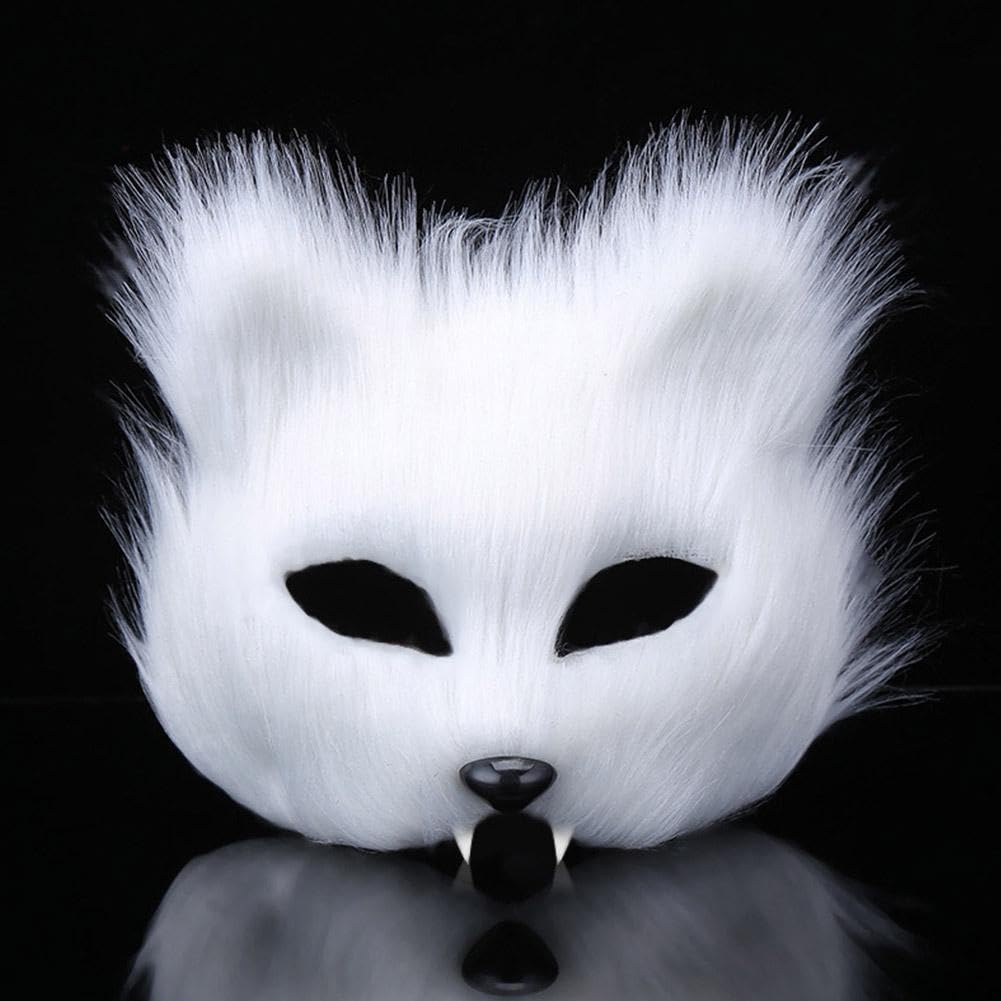 Faux Fur Cat Wolf Mask Tail and Gloves Set Furry Paw Gloves Costume Cosplay Animal for Halloween Christmas Party