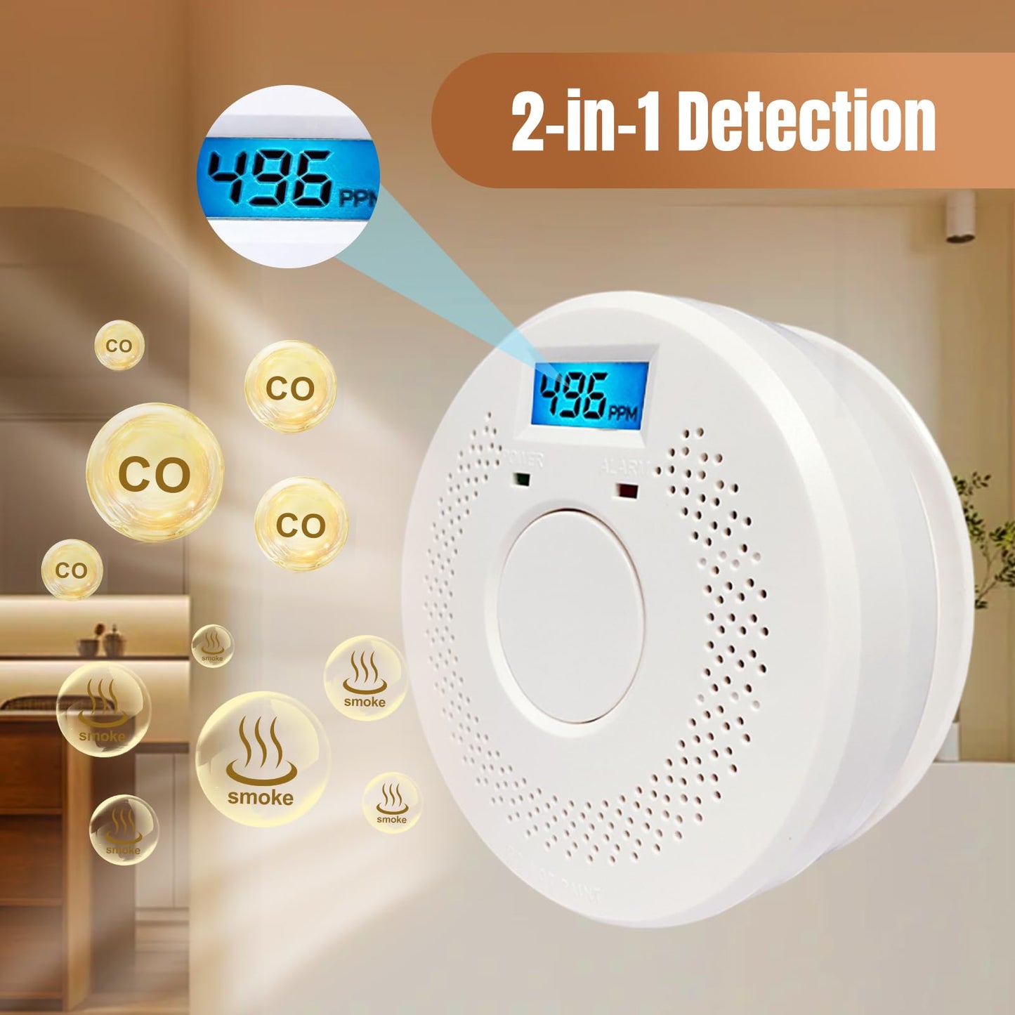 smoke detector Smoke and Carbon Monoxide Detector，Smoke Alarm，CO Detector Smoke Detector, Carbon Monoxide Alarm,5 Year Battery OperatedLCD Display and Sound Warning for Home, Bedroom, Kitchen，(1 Pack)