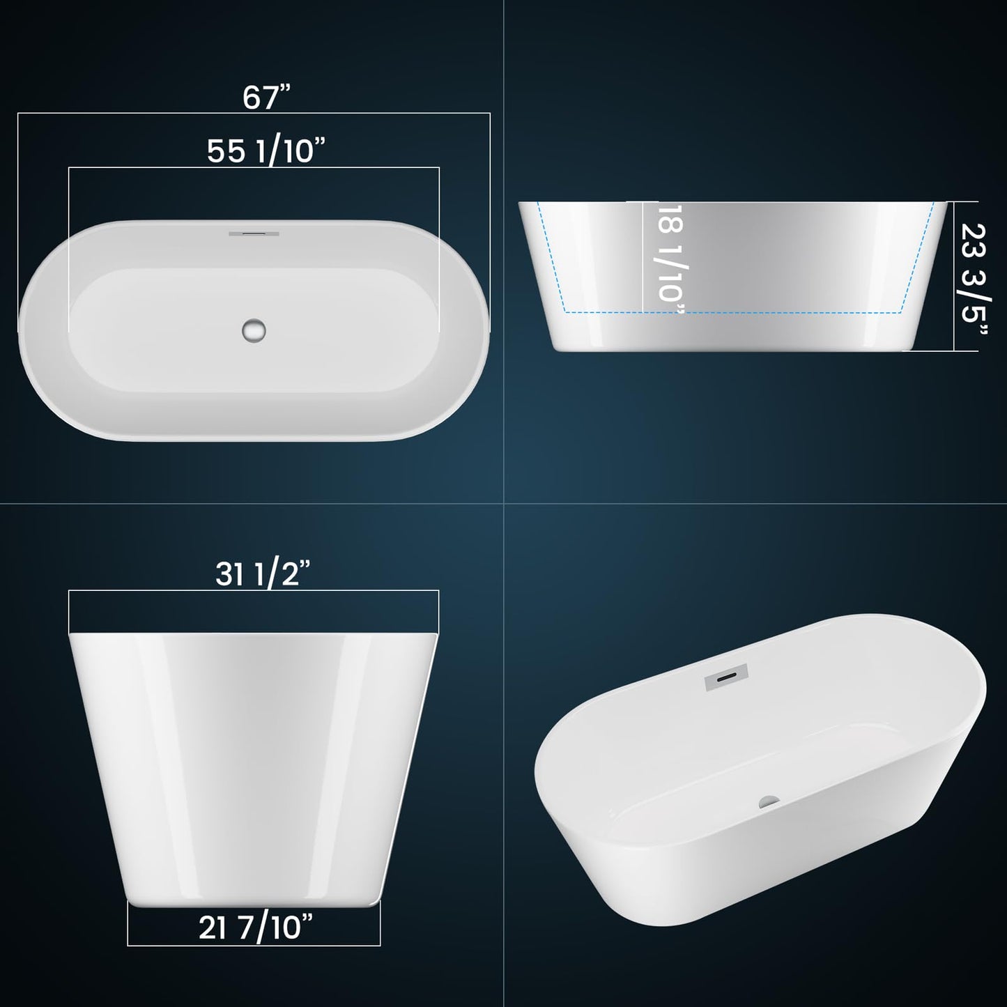 Freestanding Bathtub 67 inch Extra Large Freestanding Bathtub – Modern Oval Freestanding Tub with Chrome Drain & Overflow for Home Spa or Bathroom Relaxation