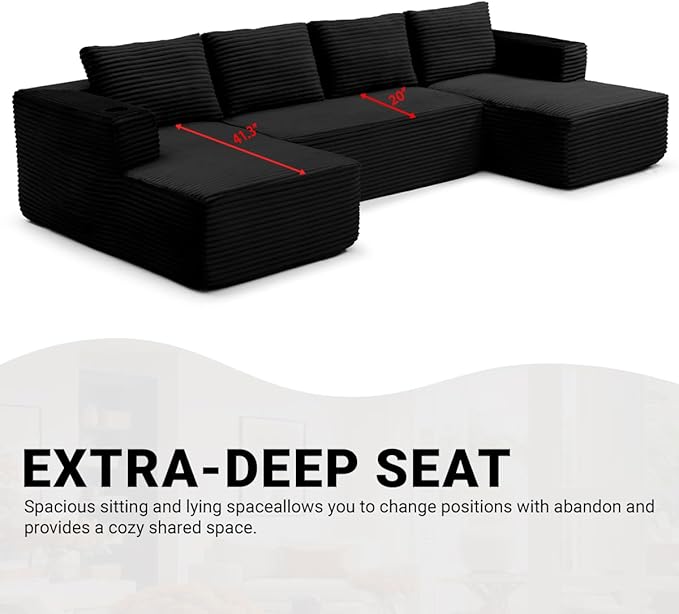 132 Inch Modular Sectional Sleeper Sofa, Boneless Cloud Couch for Living Room, U Shaped 5 Seat Sofa with 2 Cup Holders, Free Combination, No Assembly Required (Black)