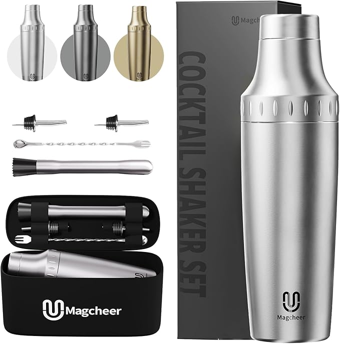 Magcheer Hybrid Cocktail Shaker Set | Vacuum Insulated Stainless Steel Martini Shaker with Strainer & Jigger Lid | Travel ...