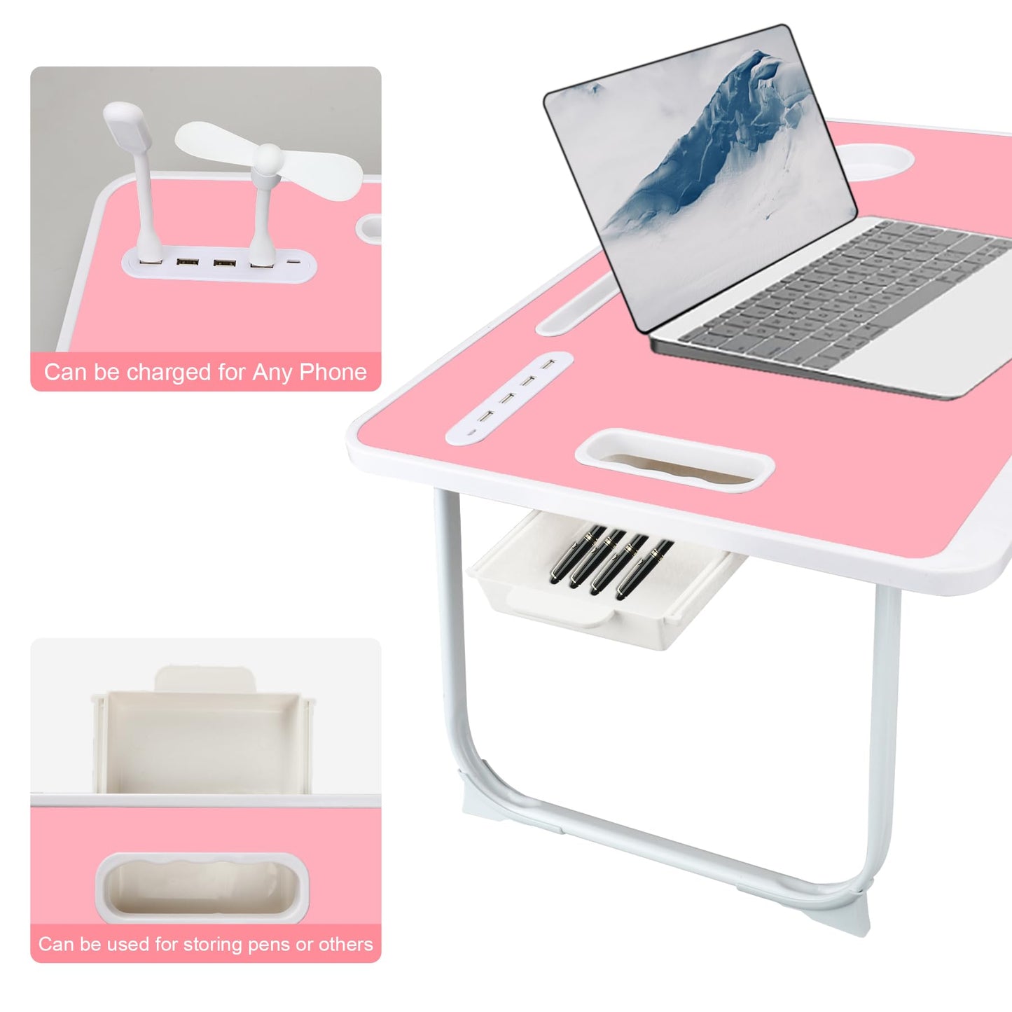 Laptop Bed Table, Laptop Desk for Bed, Foldable Laptop Bed Desk with USB Charge Port, Handle, Desktop Card Slot, Cup Slot, Side Drawer, Portable Laptop Table for Eating Reading Working