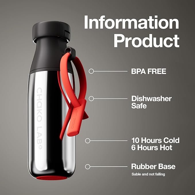 CHAKO LAB Insulated Stainless Steel Water Bottle with Two Strap | BPA-Free Leak Proof | 17oz Bottle with Spout Lid & Straw | Dark Chocolate Cocoa
