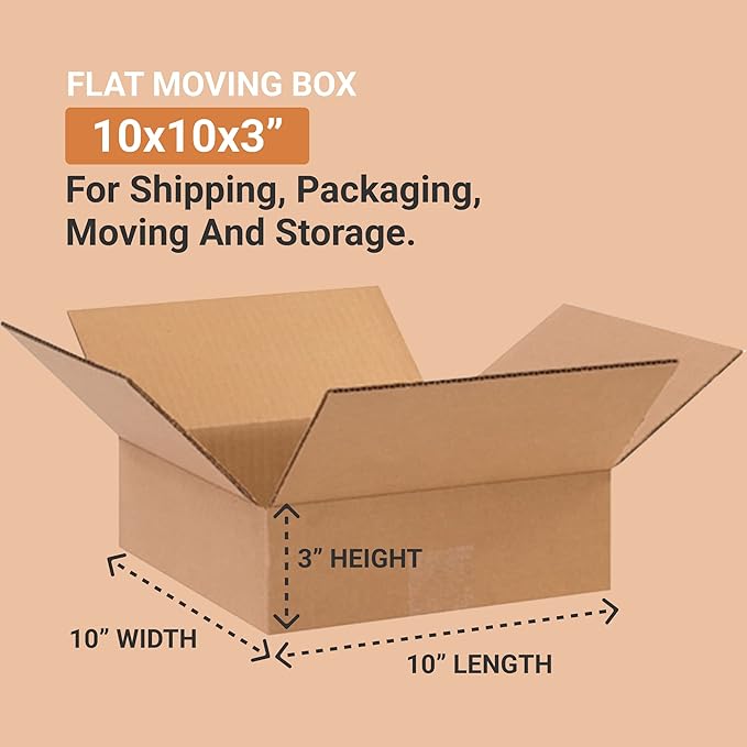 Aviditi 10103 Flat Corrugated Cardboard Box 10" L x 10" W x 3" H, Kraft, For Shipping, Packing and Moving (Pack of 25)
